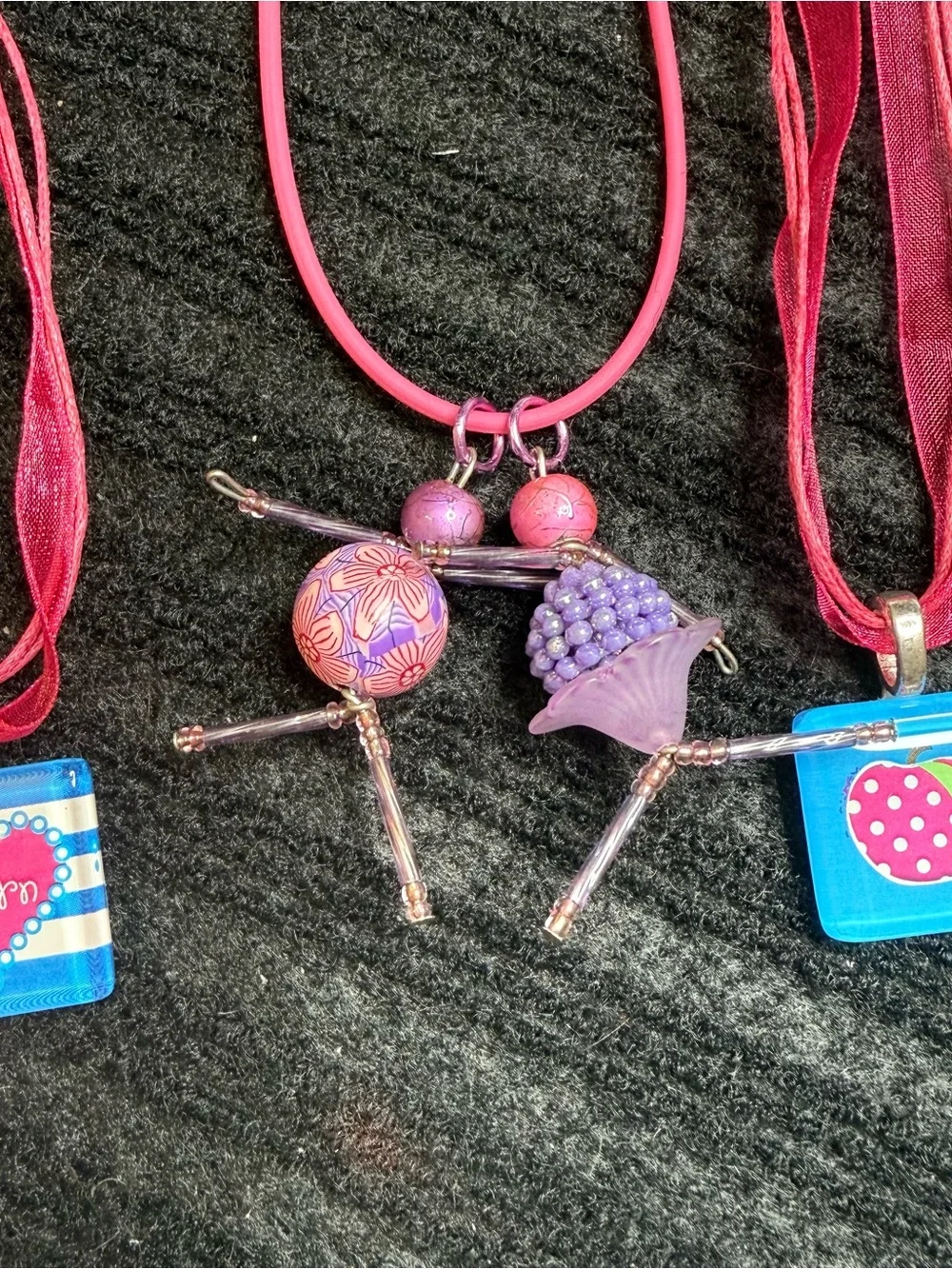 Girls Fuchsia Multi-Pendant Ribbon Necklace Trio - Unbranded